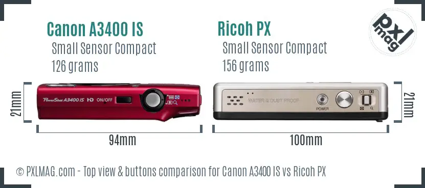 Canon A3400 IS vs Ricoh PX top view buttons comparison