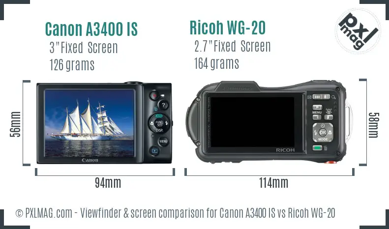 Canon A3400 IS vs Ricoh WG-20 Screen and Viewfinder comparison