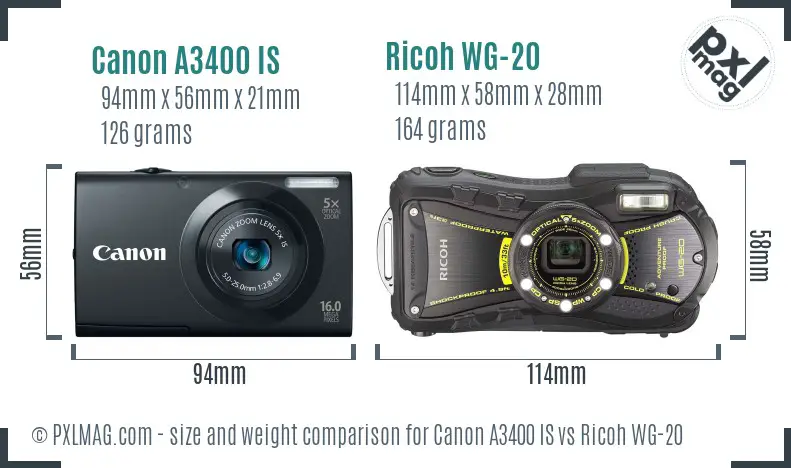 Canon A3400 IS vs Ricoh WG-20 size comparison