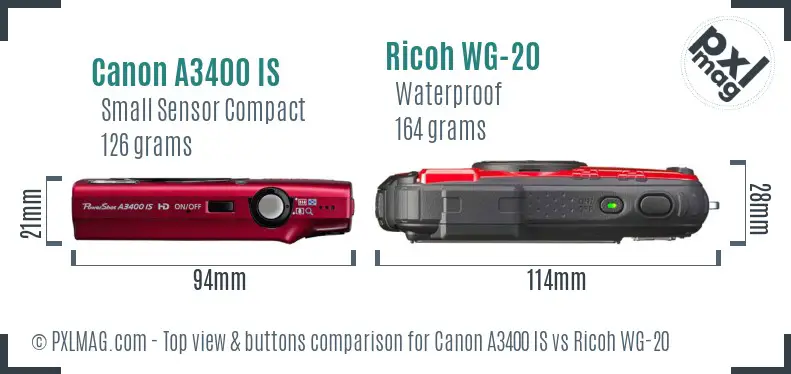 Canon A3400 IS vs Ricoh WG-20 top view buttons comparison