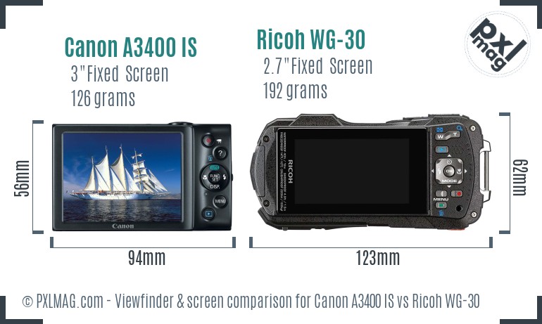 Canon A3400 IS vs Ricoh WG-30 Screen and Viewfinder comparison