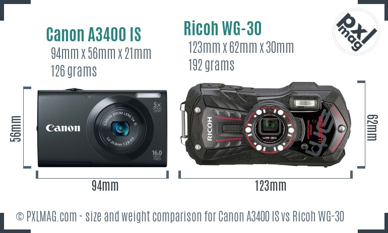 Canon A3400 IS vs Ricoh WG-30 size comparison Canon A3400 IS vs Ricoh WG-30 size comparison