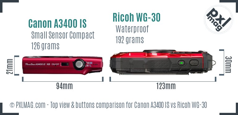 Canon A3400 IS vs Ricoh WG-30 top view buttons comparison