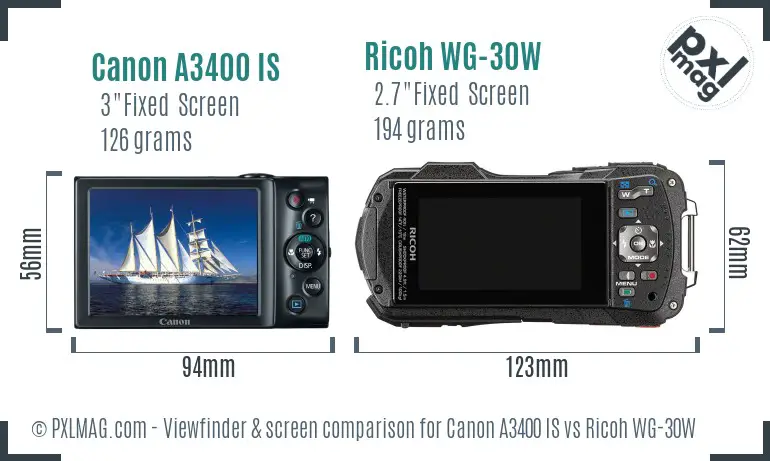Canon A3400 IS vs Ricoh WG-30W Screen and Viewfinder comparison