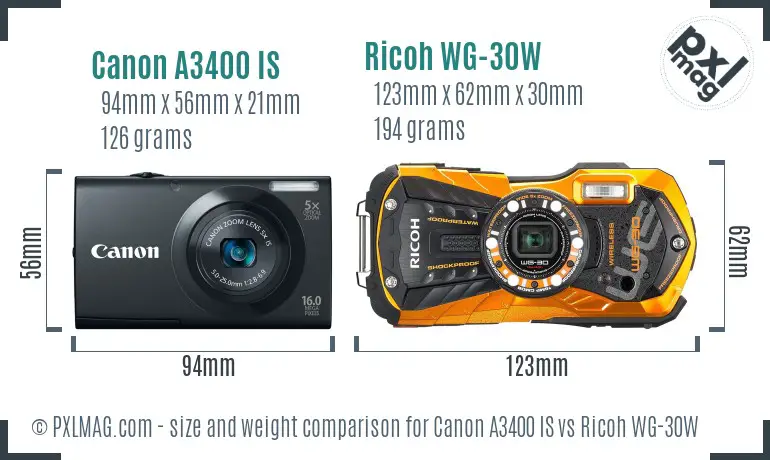 Canon A3400 IS vs Ricoh WG-30W size comparison