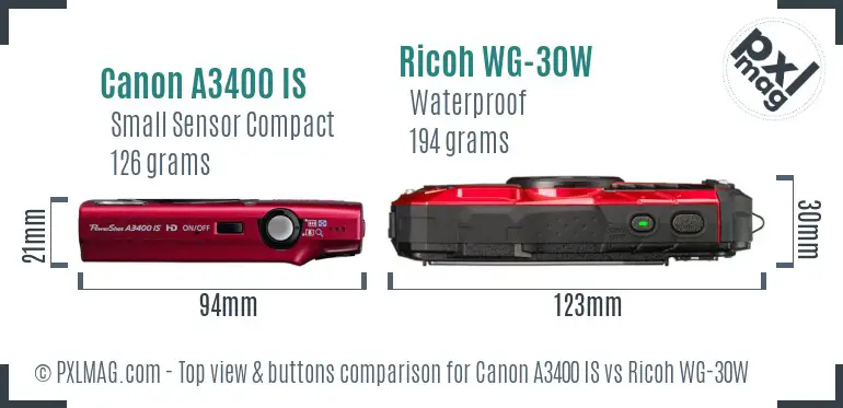 Canon A3400 IS vs Ricoh WG-30W top view buttons comparison