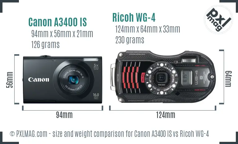 Canon A3400 IS vs Ricoh WG-4 size comparison