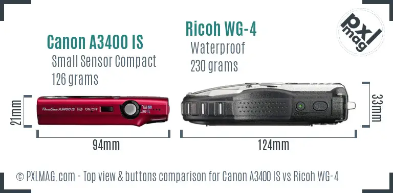 Canon A3400 IS vs Ricoh WG-4 top view buttons comparison