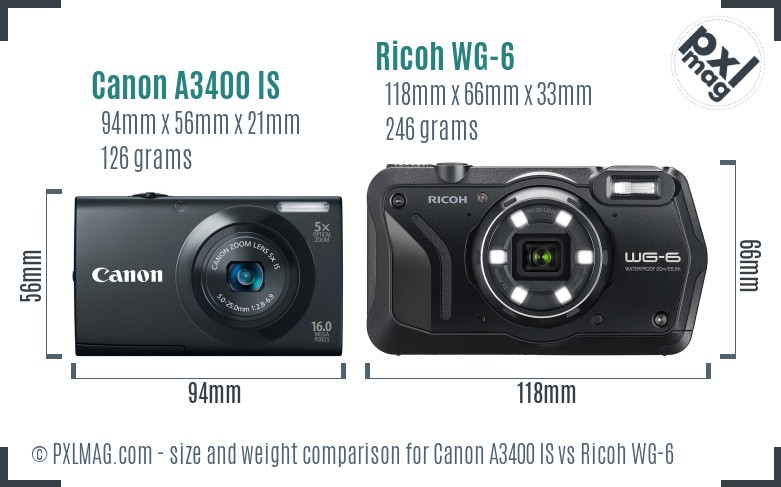 Canon A3400 IS vs Ricoh WG-6 size comparison