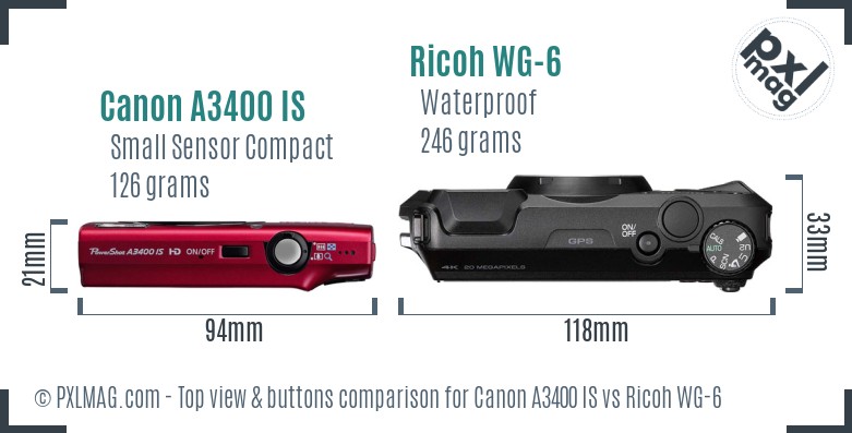 Canon A3400 IS vs Ricoh WG-6 top view buttons comparison