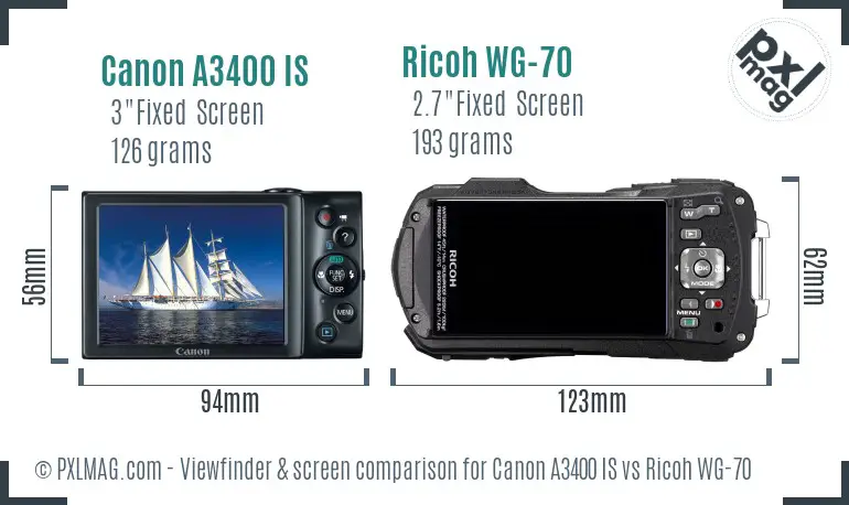 Canon A3400 IS vs Ricoh WG-70 Screen and Viewfinder comparison