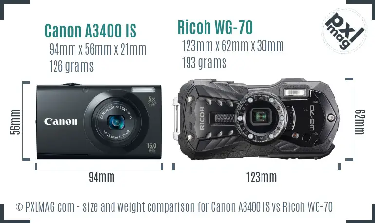 Canon A3400 IS vs Ricoh WG-70 size comparison