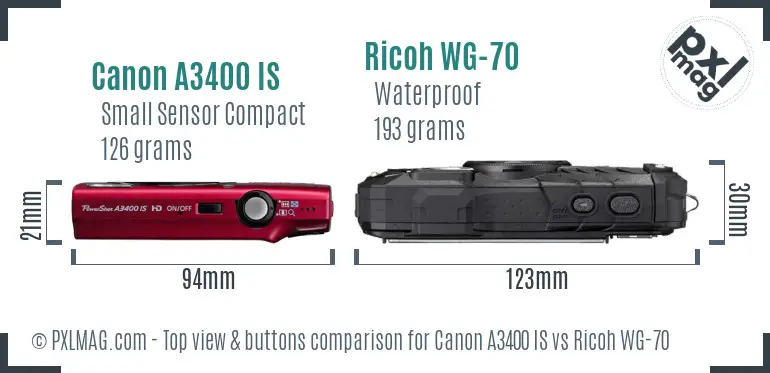 Canon A3400 IS vs Ricoh WG-70 top view buttons comparison
