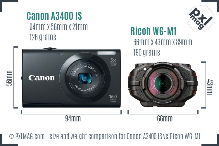 Canon A3400 IS vs Ricoh WG-M1 size comparison Canon A3400 IS vs Ricoh WG-M1 size comparison