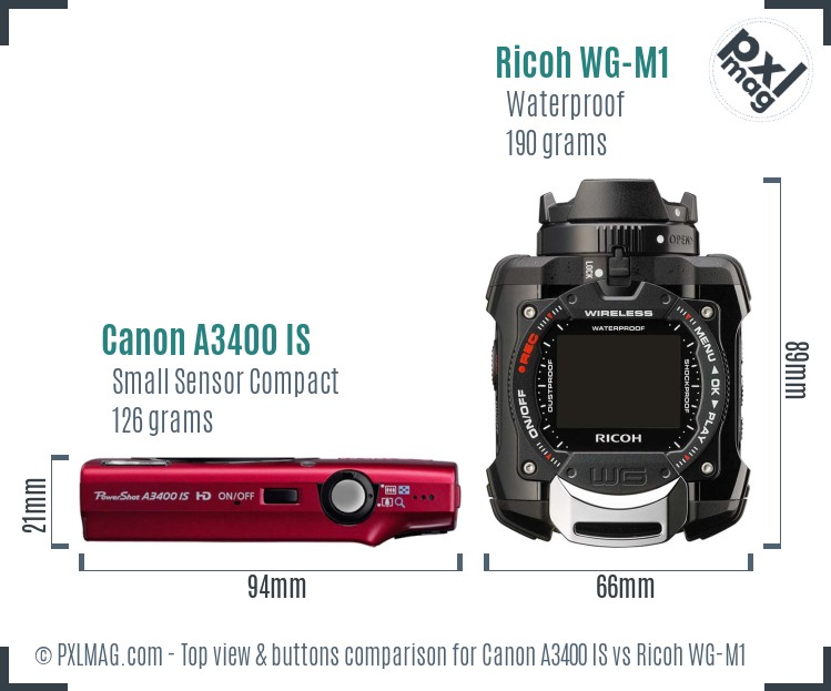 Canon A3400 IS vs Ricoh WG-M1 top view buttons comparison