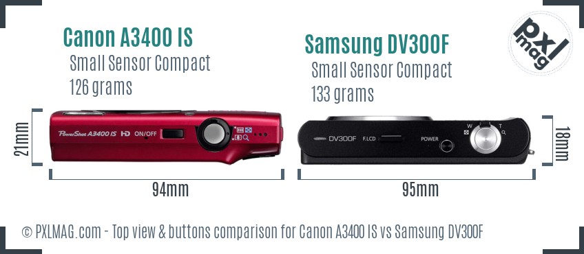 Canon A3400 IS vs Samsung DV300F top view buttons comparison