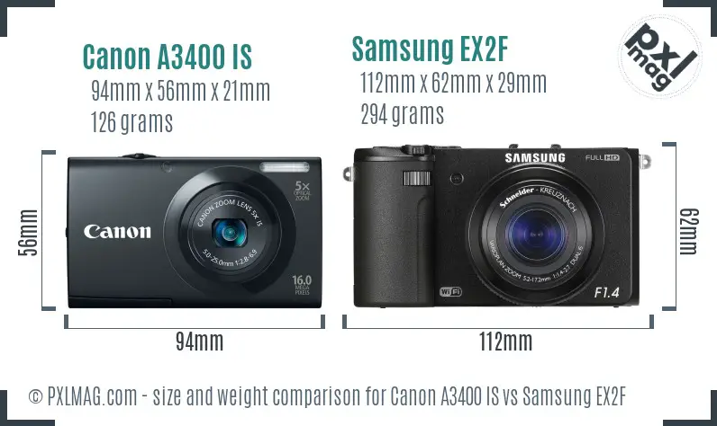 Canon A3400 IS vs Samsung EX2F size comparison