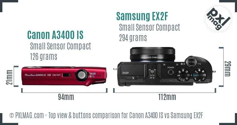 Canon A3400 IS vs Samsung EX2F top view buttons comparison