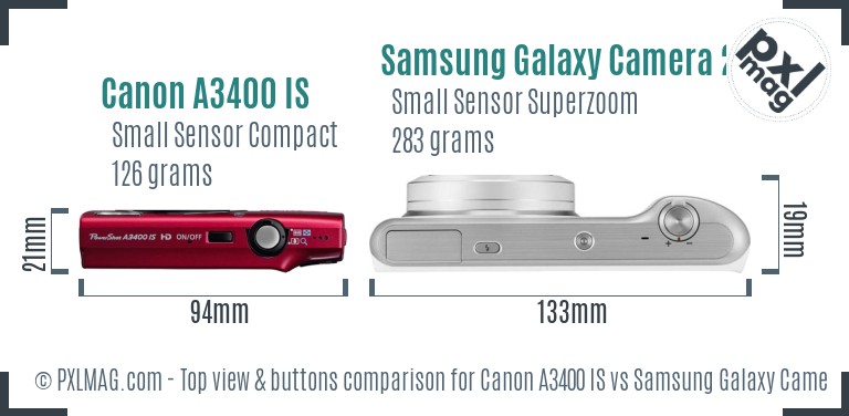 Canon A3400 IS vs Samsung Galaxy Camera 2 top view buttons comparison