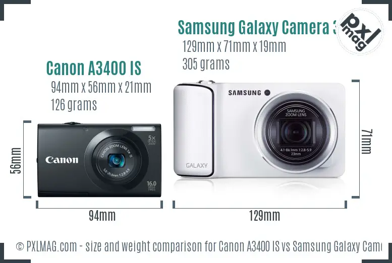 Canon A3400 IS vs Samsung Galaxy Camera 3G size comparison