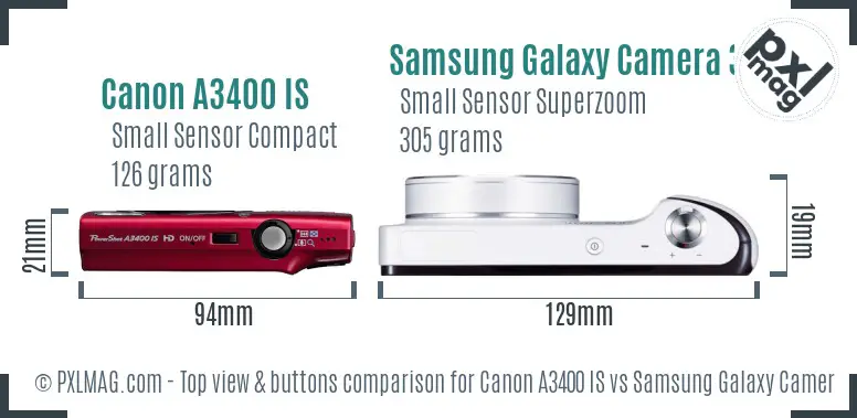 Canon A3400 IS vs Samsung Galaxy Camera 3G top view buttons comparison