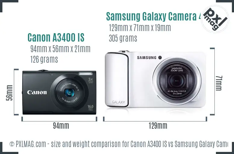 Canon A3400 IS vs Samsung Galaxy Camera 4G size comparison Canon A3400 IS vs Samsung Galaxy Camera 4G size comparison