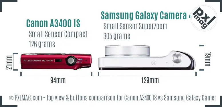 Canon A3400 IS vs Samsung Galaxy Camera 4G top view buttons comparison Canon A3400 IS vs Samsung Galaxy Camera 4G top view buttons comparison