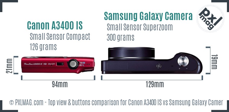Canon A3400 IS vs Samsung Galaxy Camera top view buttons comparison