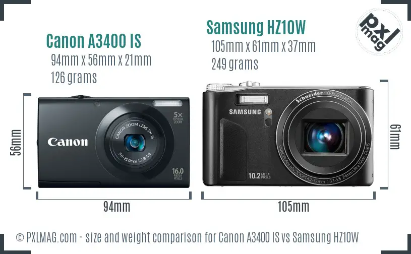 Canon A3400 IS vs Samsung HZ10W size comparison Canon A3400 IS vs Samsung HZ10W size comparison