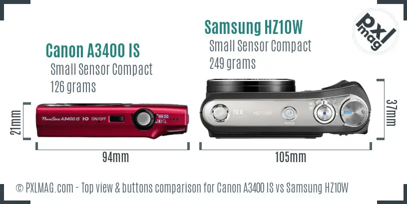 Canon A3400 IS vs Samsung HZ10W top view buttons comparison Canon A3400 IS vs Samsung HZ10W top view buttons comparison