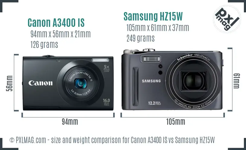 Canon A3400 IS vs Samsung HZ15W size comparison