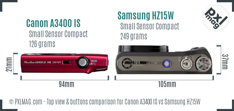 Canon A3400 IS vs Samsung HZ15W top view buttons comparison