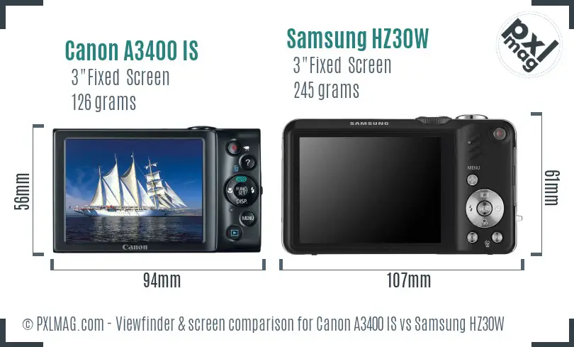 Canon A3400 IS vs Samsung HZ30W Screen and Viewfinder comparison