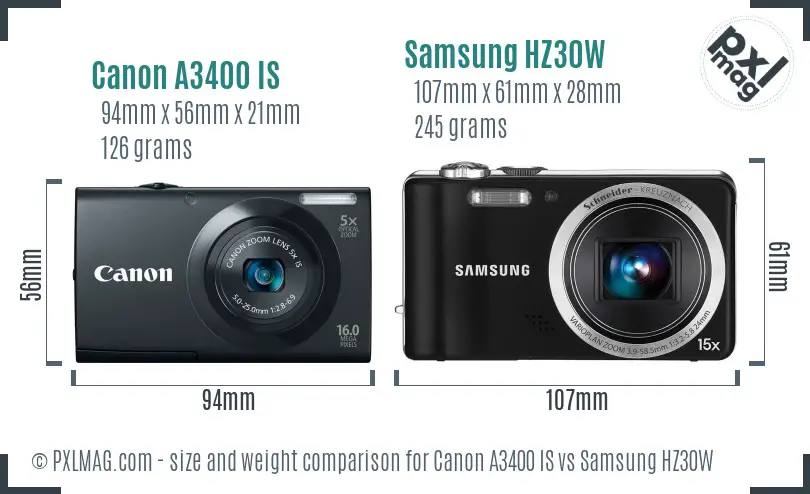Canon A3400 IS vs Samsung HZ30W size comparison