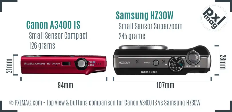 Canon A3400 IS vs Samsung HZ30W top view buttons comparison