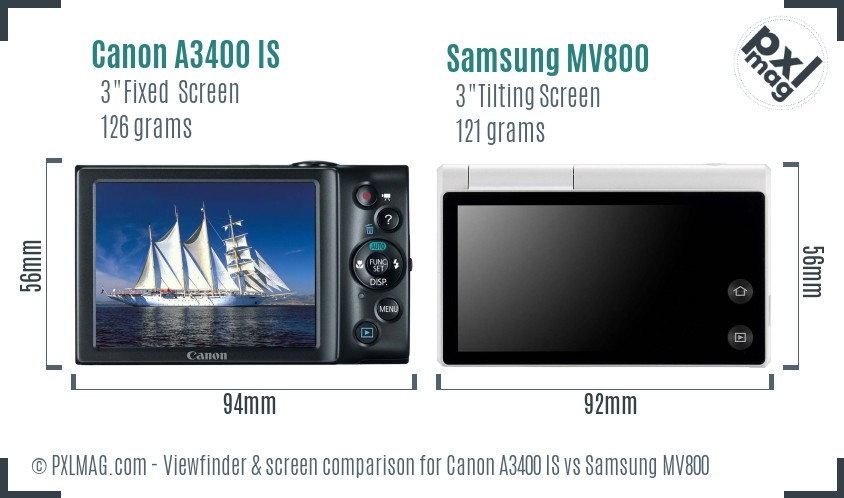 Canon A3400 IS vs Samsung MV800 Screen and Viewfinder comparison