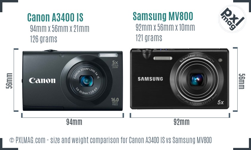 Canon A3400 IS vs Samsung MV800 size comparison Canon A3400 IS vs Samsung MV800 size comparison
