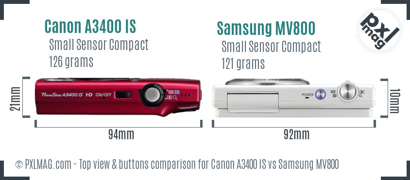 Canon A3400 IS vs Samsung MV800 top view buttons comparison