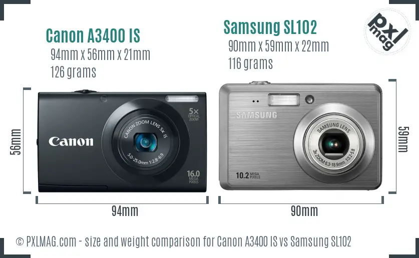 Canon A3400 IS vs Samsung SL102 size comparison