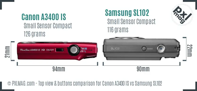 Canon A3400 IS vs Samsung SL102 top view buttons comparison