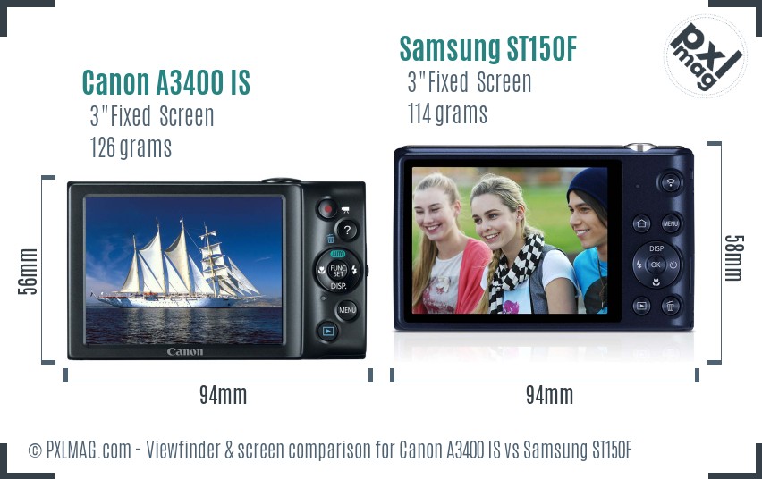 Canon A3400 IS vs Samsung ST150F Screen and Viewfinder comparison
