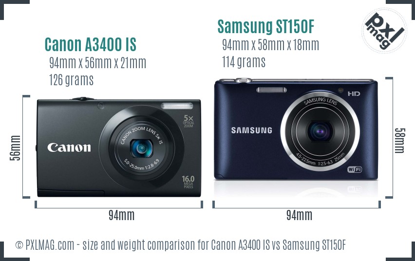 Canon A3400 IS vs Samsung ST150F size comparison