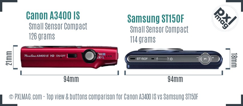 Canon A3400 IS vs Samsung ST150F top view buttons comparison