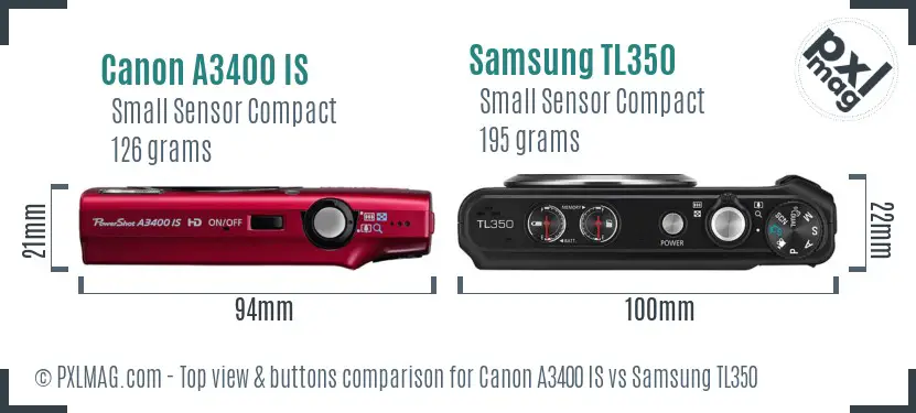 Canon A3400 IS vs Samsung TL350 top view buttons comparison