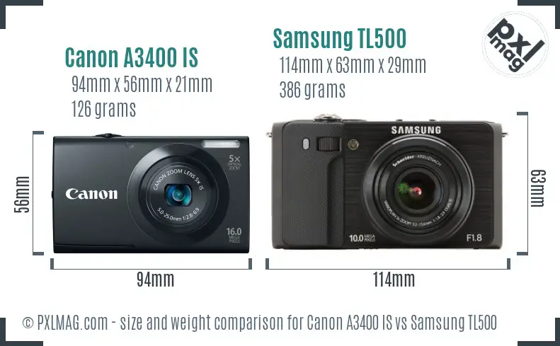 Canon A3400 IS vs Samsung TL500 size comparison
