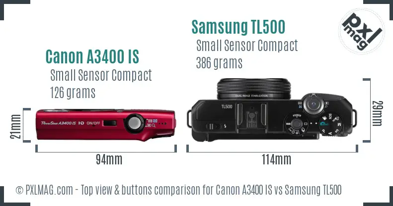 Canon A3400 IS vs Samsung TL500 top view buttons comparison
