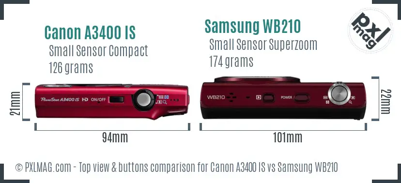 Canon A3400 IS vs Samsung WB210 top view buttons comparison