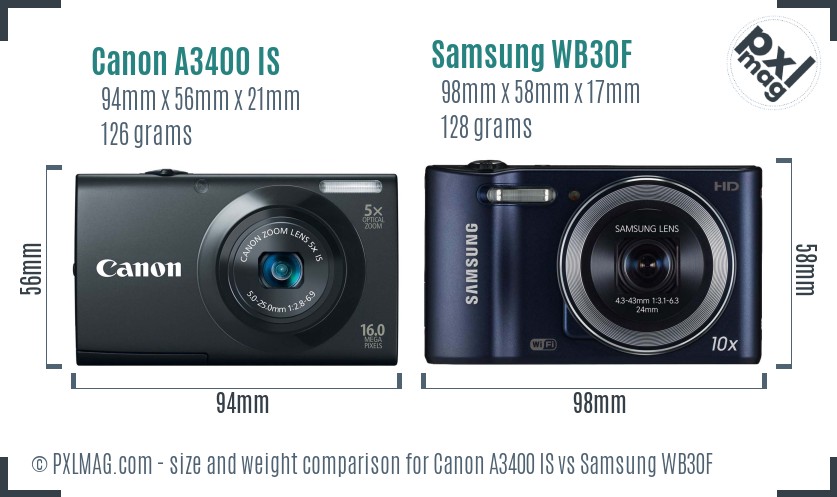 Canon A3400 IS vs Samsung WB30F size comparison