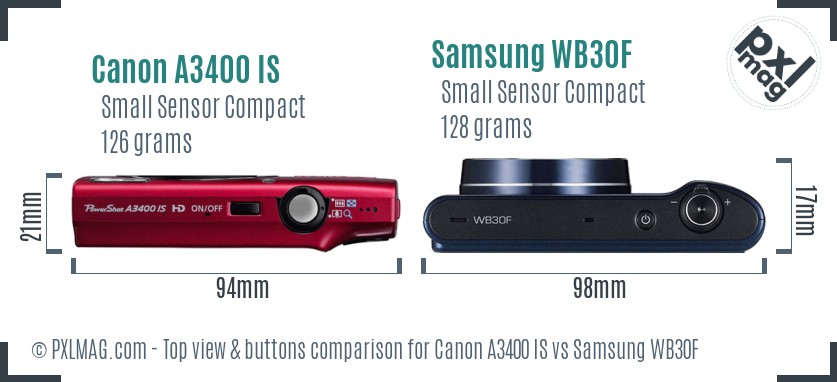Canon A3400 IS vs Samsung WB30F top view buttons comparison