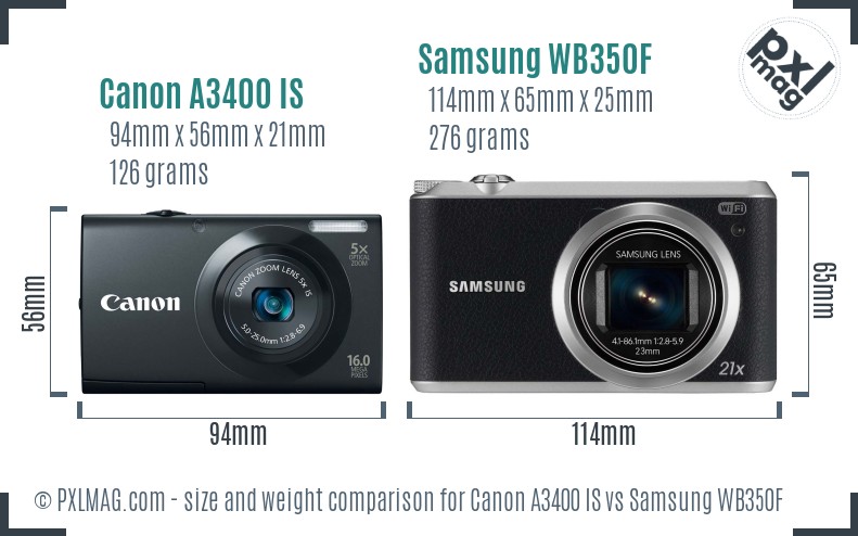 Canon A3400 IS vs Samsung WB350F size comparison Canon A3400 IS vs Samsung WB350F size comparison